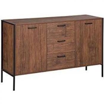 Aparador Industrial Tifton de Madera Oscura y Negra con 3 Cajones