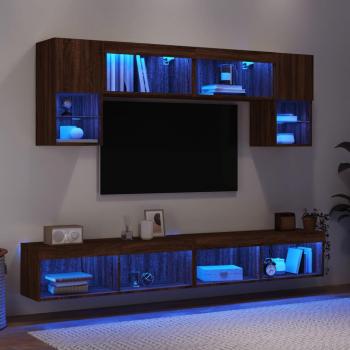Mueble de TV de pared con LED 6 piezas de madera de roble marrón multicapa