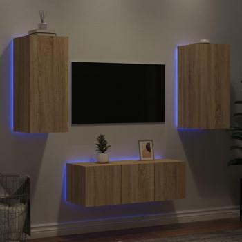 Muebles TV pared con LED 4 piezas madera ingeniería roble Sonoma marrón