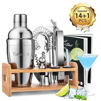 Godmorn Coctelera para Cócteles 15 Piezas Profesional Coctelera Conjuntos para el Bar Kit de Cóctel de acero inoxidable de 550 ml Barman Set con Soporte de exhibición De Madera Y Libro De Cócteles