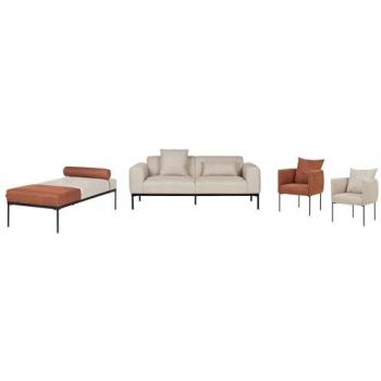 Conjunto de sala de estar elegante de lino sintético con sofá chaise longue y 2 sillones, patas negras, color beige claro y marrón dorado Malmos
