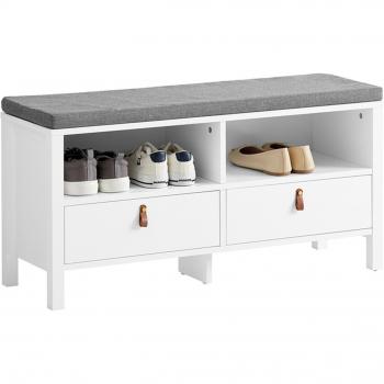 Banco Zapatero FSR106-W con 2 Compartimentos y 2 Cajones, Banco de Almacenamiento con Cojín Acolchado de Asiento, Dimensiones: 90 x 30 x 46 cm, Color Blanco