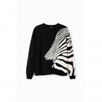 Desigual Chic Contrast Crew Neck Sweater - S, Round-neck Knitwear, female, Black, Size: S Oversized Long Sleeve Sweater with Zebra Design