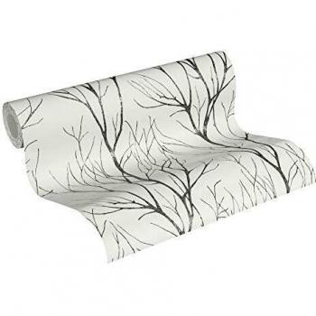 Metallic Forest Tree Wallpaper - Gray, Black & White Floral Design, Textured Vinyl, 10.05m x 0.53m