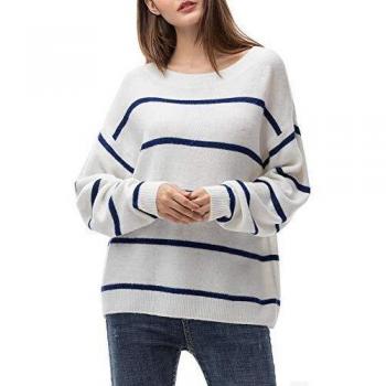 Woolen Bloom Manga Larga Sueter Invierno Sueter Mujer 2019 Jersey Elegante Blanco Azul Rayas Jerseys Punto Blanco Suelta y Cómoda