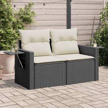 Sofá de jardín 2 plazas con almohadas en Polyrattan negro