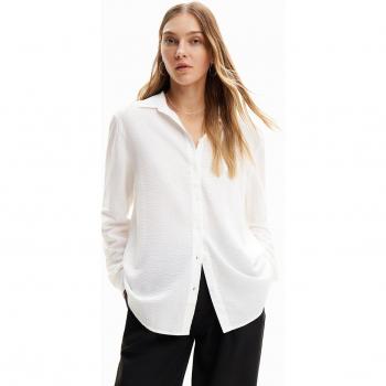 Camisa de Mujer con Rayas Texturizadas y Detalle Frontal Bordado, Cuello Camisero - 100% Algodón