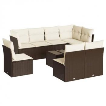 9 Piece Brown Poly Rattan Garden Sofa Set with Cushions