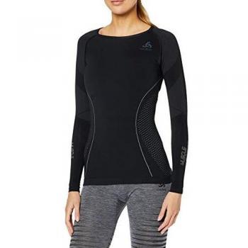 Odlo SUW Top Crew Neck l/s Performance Muscle Camiseta, Mujer, Negro/Gris Platino, Xtra Small