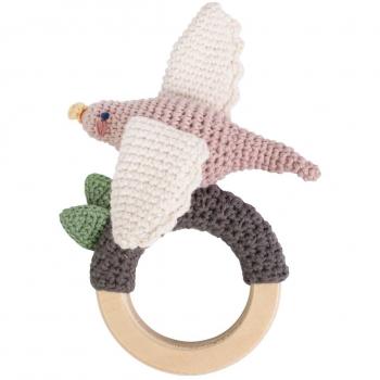Sebra - Sonajero de Ganchillo, diseño de pájaro sobre Anillo de Madera