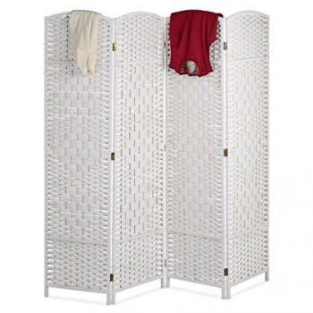 Biombo 4 Paneles, 170 x 160 cm, Separador Ambientes Plegable, Madera y Cuerda de Papel, Mampara en Blanco - Relaxdays