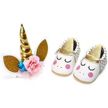 Zapatos de Niña con Diadema Regalo Set Unicornio Flor Suave Suela Zapatillas Antideslizantes Zapatos de Princesa
