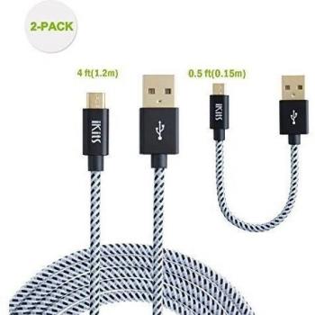 iKits [2-pack] Micro USB al cavo di sincronizzazione di dati 5 Pin Cavo USB per Samsung, HTC, Google. metallo Plug & misto Giacca di cotone a colori, ad alta velocità un maschio al micro B. 4ft Cavo Lungo + 0.5ft cavo corto nero