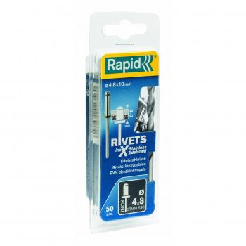 Remaches de Acero Inoxidable Rapid 48 x 10 mm, 50 Unidades en Blister, Perforar Incluido, Plateado