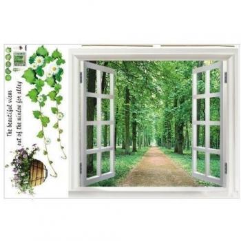 SODIAL(R) Pegatina de Pared Enorme Ventana 3D Vista Verde Flores Plantas Arte Mural