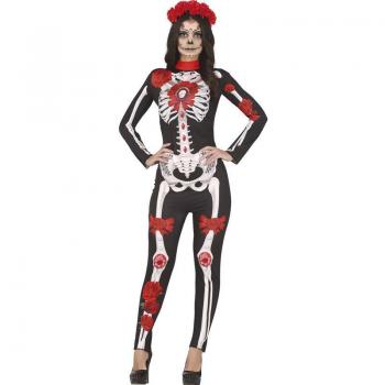 Disfraz de Catrina Adulto con Estampado Floral y Esqueleto para Mujer