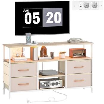 Mueble de TV HOMCOM con LED, enchufes y puertos USB, estantes abiertos, 4 cajones plegables y bolsillo, para televisores hasta 50 pulgadas, beige y blanco