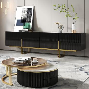 2200mm Black Minimalist TV Stand with Stone Top, 4 Doors & 6 Shelves