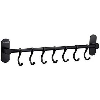 Wangel Adhesivo 7 Gancho Barra Soportes y Organizadores para Utensilios de Cocina, Pegamento Patentado + Autoadhesivo, Aluminio, Acabado Mate, 40CM, Negro