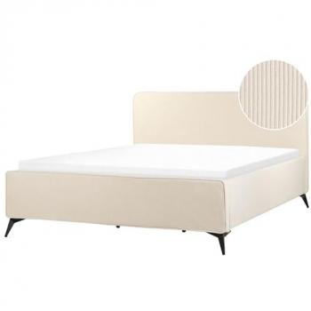 Cama de Pana Beige 180 x 200 cm con Cabecero Wingback y Patas de Metal Negras, Estilo Clásico Minimalista