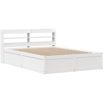 Estructura de cama con cabecero blanco 135x190 cm, madera maciza de pino