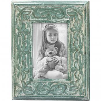 SouvNear 4x6 inch Photo Picture Frame - Shabby Chic Hand-Carved Decorative Vintage-Look Green Stylish Mango Wood Photo Frame with Stand - Decorative Distressed Finish for Living Room / Table-top