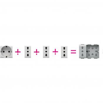 Base de enchufe 4BOX Unika XL compatible Bticino Matix, 1 Schuko y 1 Bipasso o 3 Bipasso, color blanco