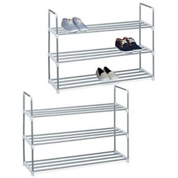 Zapatero Metálico Expandible de 3 Niveles, Set de 2, Estante para 12 Pares de Zapatos, Dimensiones 70 x 90 x 31 cm, Color Plateado