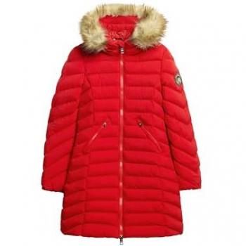 Abrigo de Largo Medio para Mujer Superdry Fuji con Capucha y Ribete de Pelo Sintético Rojo (S), Casual, Poliéster Reciclado