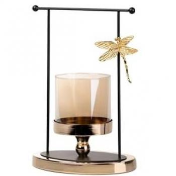 Portavelas de Metal y Cristal Libélula Dorado 13x20x29 cm - Decoración para el Hogar