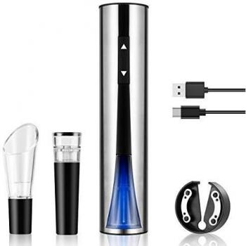 Flauno Sacacorchos Eléctrico - Profesional Automatico Abrelatas de Vino | Abridor Botellas Vino Recargable con Corta Cápsulas | Vertedor de Vino | Tapón de Vino Silicona de Vacío