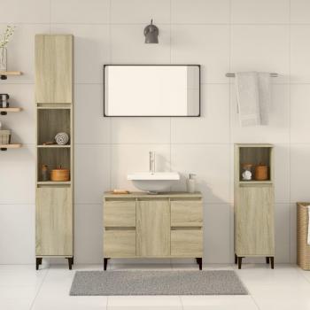 Set de muebles de baño 3 piezas madera contrachapada roble Sonoma Marrón