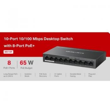 Switch Mercusys MS110P de 10 Puertos Fast Ethernet con 8 Puertos PoE