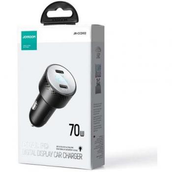 Joyroom JR-CCD02 70W Car Charger with Digital Display and Dual PD Ports - Black