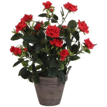 Rosal rojo de PVC en maceta gris, diámetro 11.5 cm, altura 33 cm, profundidad 25 cm