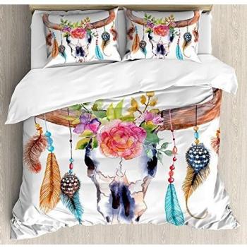 Juego de sábanas de acuarela de 3 piezas Juego de funda nórdica, Calavera de toro con plumas colgantes Diseño étnico inspirado en los nativos americanos, Juego de fundas de edredón / edredón de 3 piez