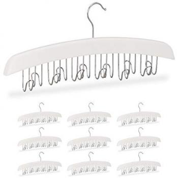 Set de 10 Perchas para Cinturones con 12 Ganchos Rotativos a 360°, Colgador de Madera, 17,5 x 43 x 5,5 cm, Color Blanco y Plateado