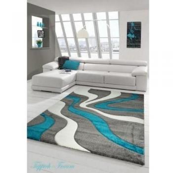 Sala de estar diseñador Alfombra Alfombra contemporánea alfombras de pelo bajo con el patrón de diamantes de recorte de contorno Turquesa Gris Blanco Negro Größe 80 x 300 cm
