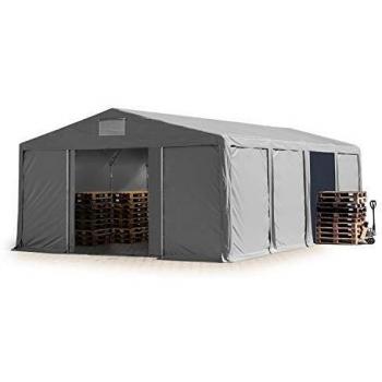 Carpa almacén Toolport 8x8 m, altura lateral 3m, PVC 850, gris, 100% impermeable, con puerta corrediza