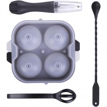 Koala Kit Cocktail - Black Color - 1 Ice Tray And 1 Muddler And 1 Spoon And 1 Ice Tong - 4 Pieces.