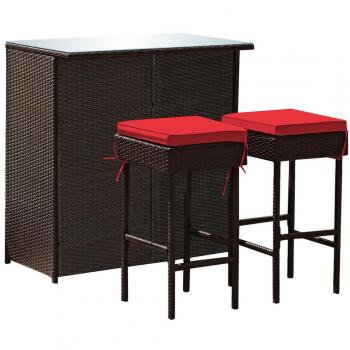 3-Piece Outdoor Rattan Wicker Bar Set with 2 Cushion Stools - Red