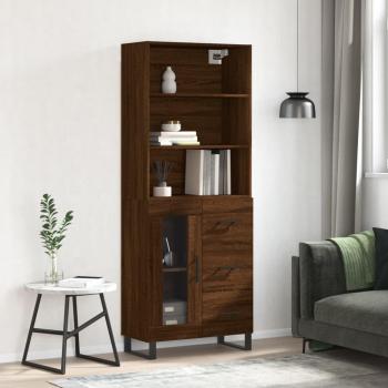Aparador alto de madera contrachapada marrón roble 69,5x34x180 cm con 1 puerta de cristal y 3 cajones, mueble de almacenaje para salón, buffet y armario auxiliar