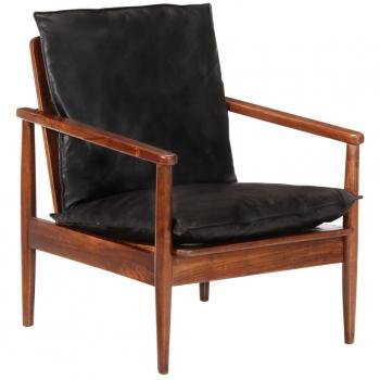 Sillón de Madera Maciza de Acacia y Cuero Auténtico Negro