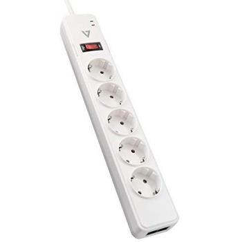 Protector de Sobrevoltaje V7 con 5 Tomas Schuko, Cable de 1.8m - Modelo Surge 2019, Color Blanco