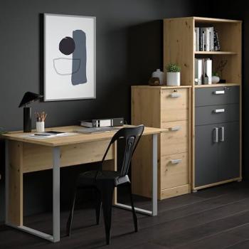 Pack Muebles Oficina Moderno Escritorio y Estantería Venture con Puertas Abatibles y Cajonera 3C en Roble Artesano y Gris Oscuro