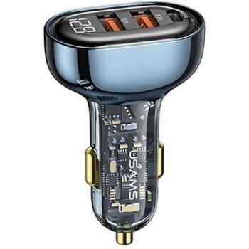 Cargador de coche USAMS 125W con 2 puertos USB y 1 puerto USB-C, Carga rápida, Azul transparente CC158CC02