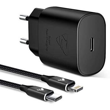 25W Cargador USB C Carga Rápida, Cargador Móvil PD 3.0 USB C Enchufe Cargador iPhone y Tipo C Cable 2M para iPhone 13/12/12 Pro/12 Pro Max/11/11 Pro/11 Pro MAX X XS XR 8 Plus 7 6s,iPad Pro Mini-Negro