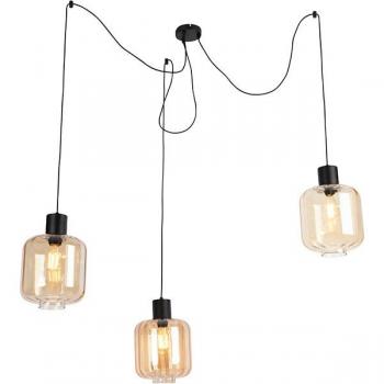 Lámpara colgante negra de diseño con cristal ámbar, 3 luces, 226 cm - QARA