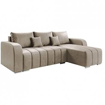 Sofá rinconero Muncie 107, color marrón claro, con función de descanso y caja de ropa de cama, dimensiones 244x147x86cm