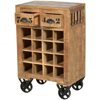 SIT-Möbel 1937 – 02 – Cómoda de Vino Rustic Mango con Marcas de Uso, 55 x 35 x 85 cm, 2 cajones, 4 Ruedas, 16 Abierto Compartimiento de Vino